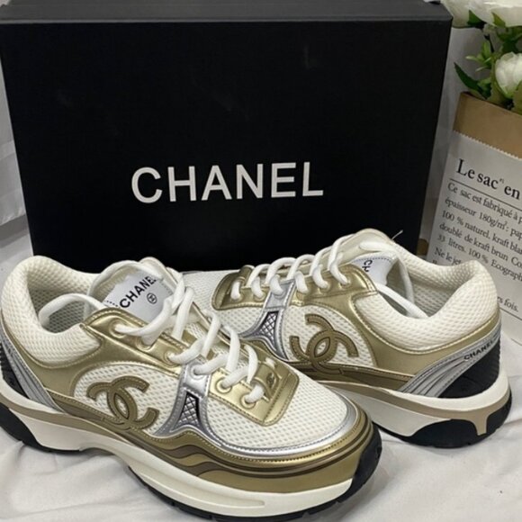 Chanel Sleek White & Gold Panel Trainers - Picture 2 of 5